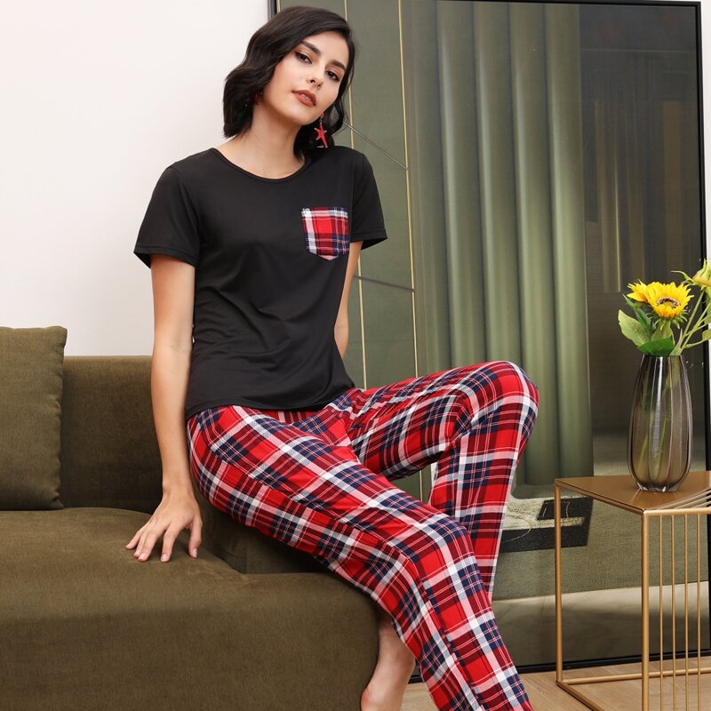 

Tartan Print Pocket Front PJ Set, Multicolor