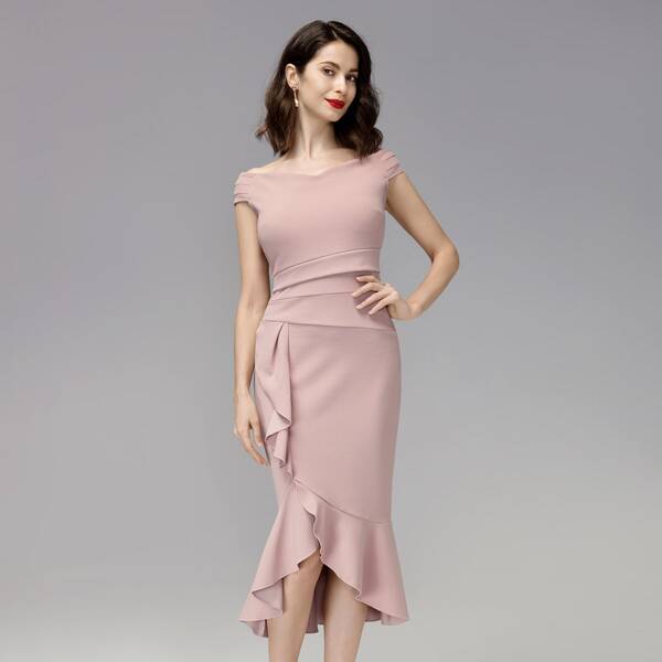 

Off Shoulder Ruffle Trim Fitted Dress, Dusty pink