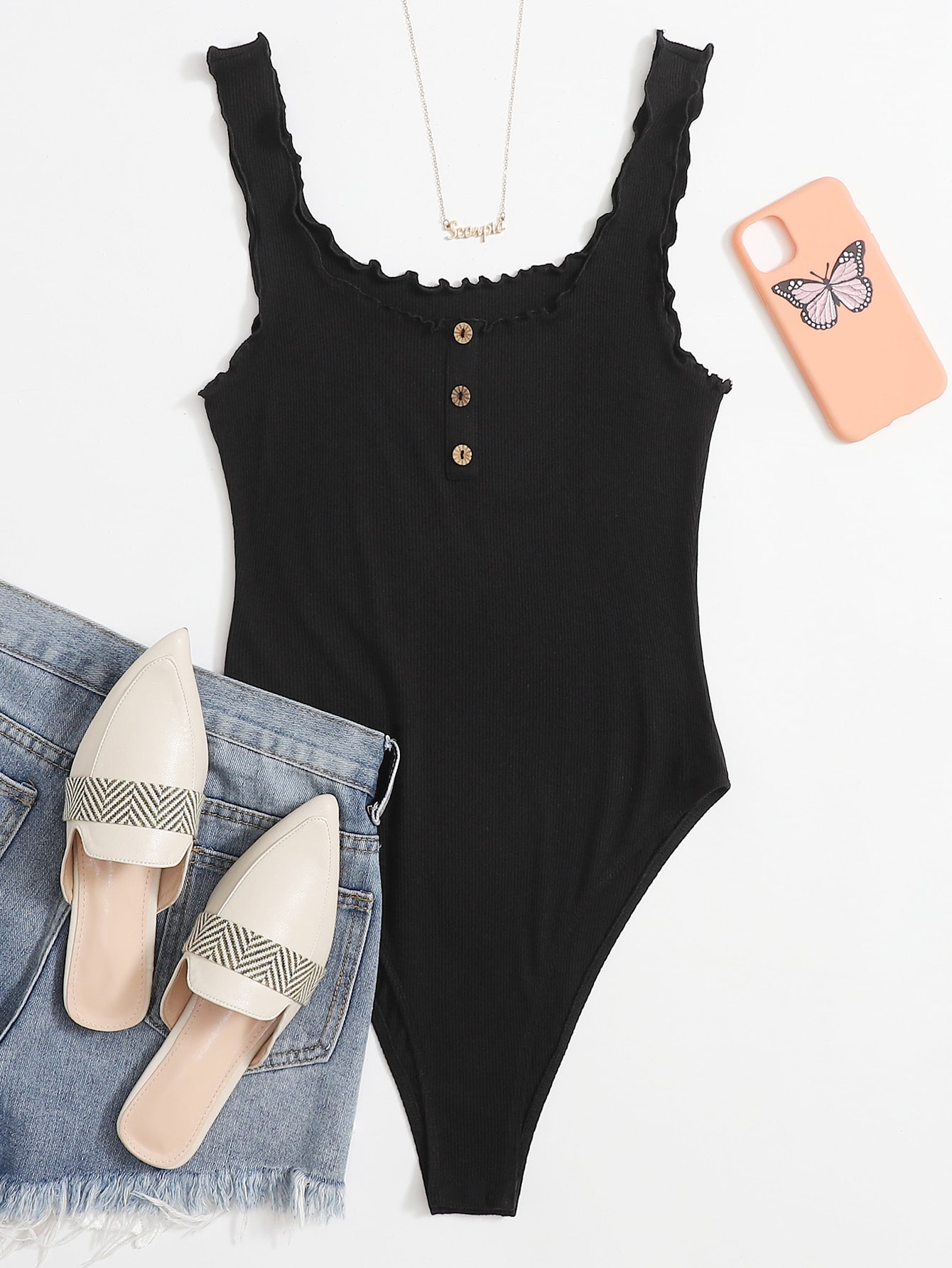Lettuce Trim Buttoned Front Tank Bodysuit thumbnail