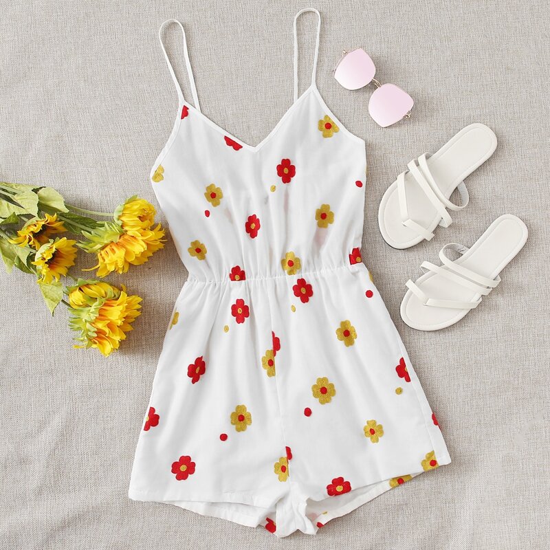 

Floral Embroidered Cami Romper, White