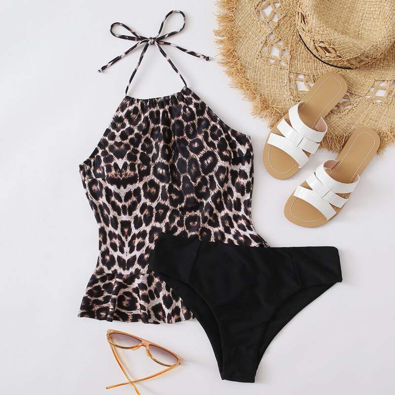 

Leopard Ruffle Hem Halter Bikini Swimsuit, Multicolor