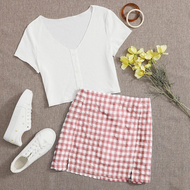 

Button Front Tee & Plaid Skirt, Multicolor
