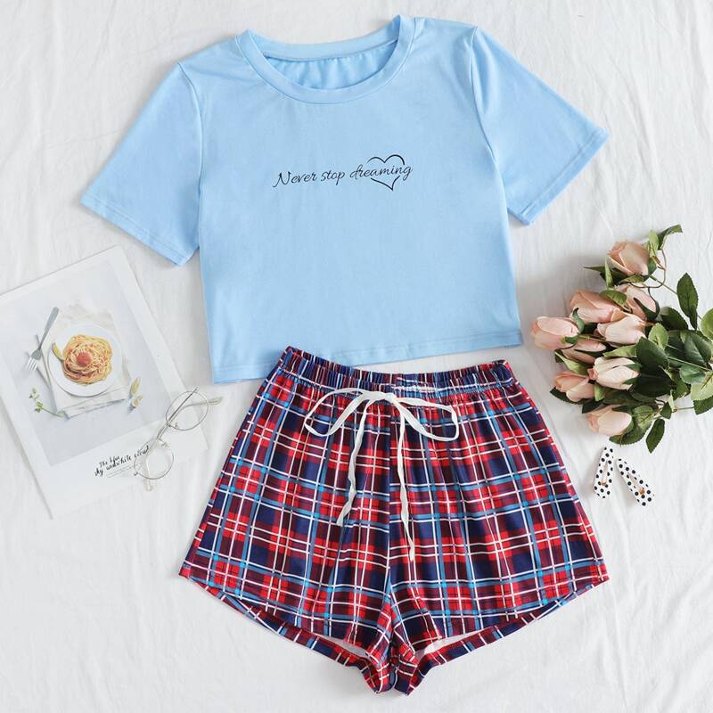 

Plaid & Slogan Graphic Shorts PJ Set, Multicolor