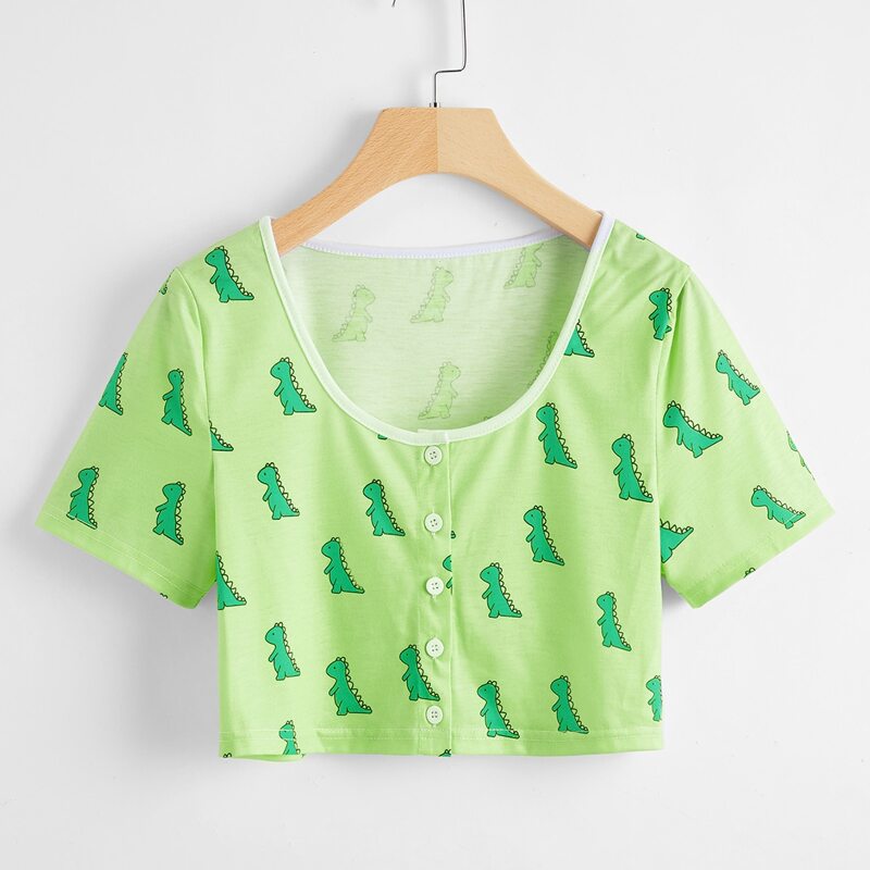 

Dinosaur Print Button Front Tee, Lime green
