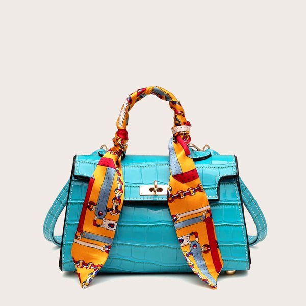 

Scarf Decor Satchel Bag, Baby blue