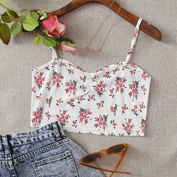 

Ruched Front Ditsy Floral Crop Cami Top, White