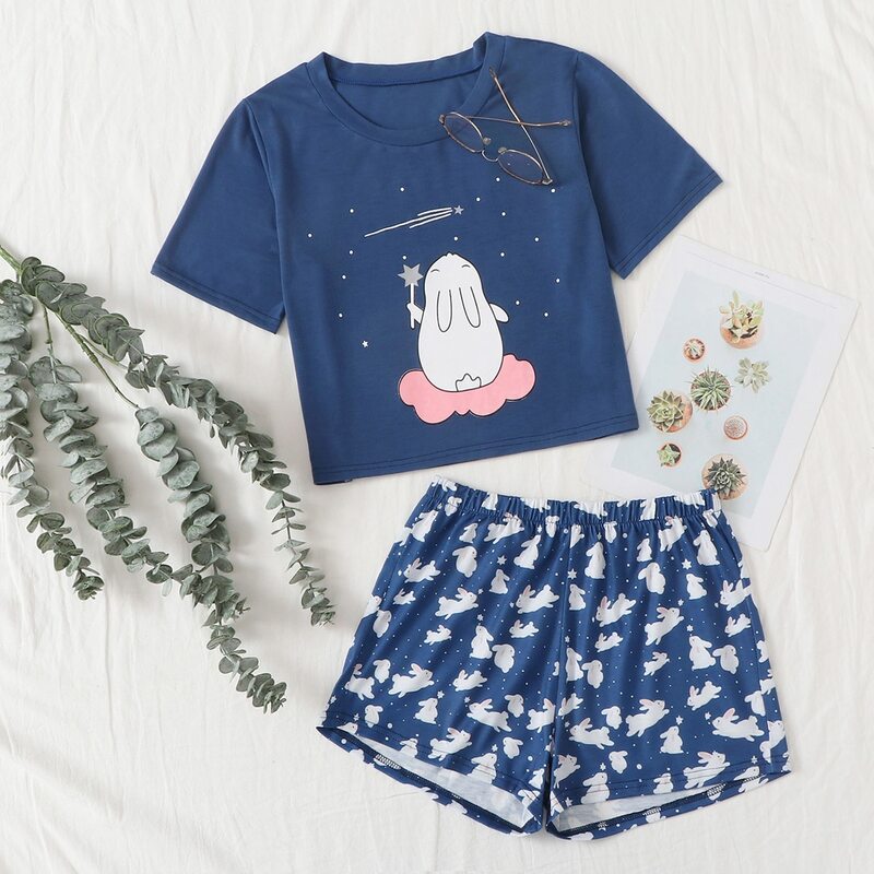 

Rabbit Graphic Shorts PJ Set, Blue