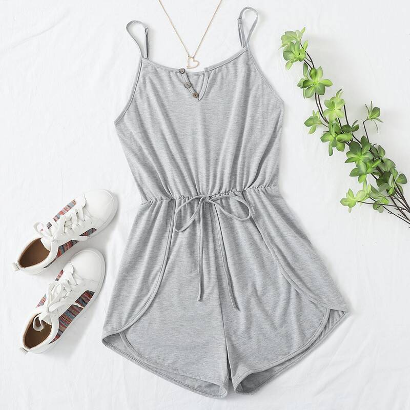 

Solid Tie Front Cami Romper, Light grey