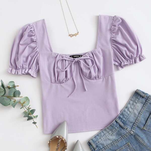

Puff Sleeve Knot Front Ruched Bust Top, Pastel lilac purple