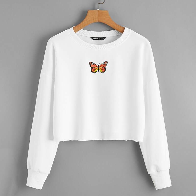 

Drop Shoulder Butterfly Print Pullover, White