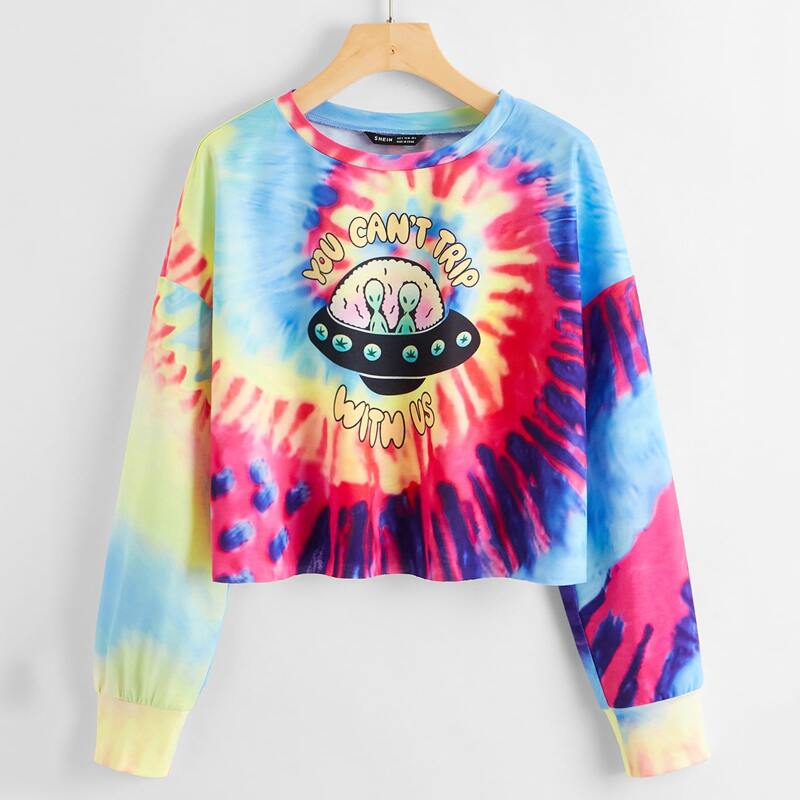 

Drop Shoulder UFO Print Tie Dye Pullover, Multicolor