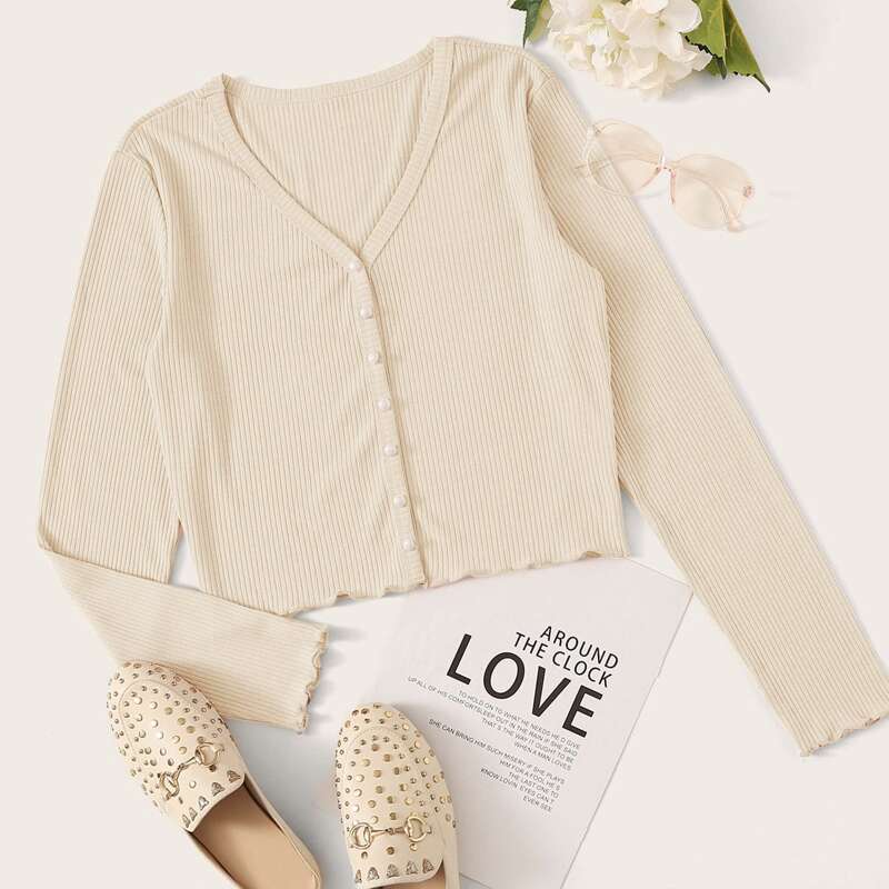 

Button Front Ribbed Top, Beige