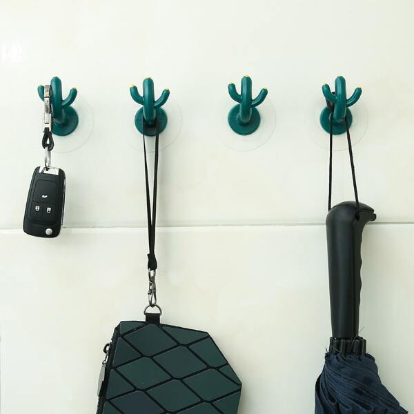 

4pcs Cactus Shaped Wall Hook, Green