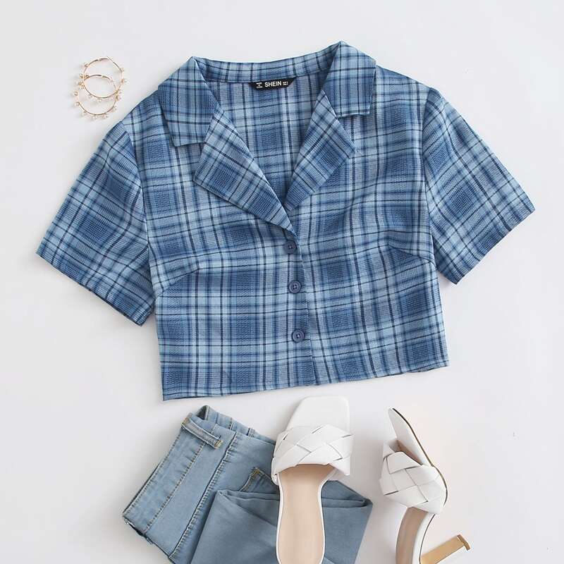 

Notched Collar Buttoned Front Tartan Blouse, Blue