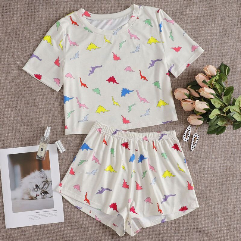 

Cartoon Dinosaur Shorts PJ Set, White