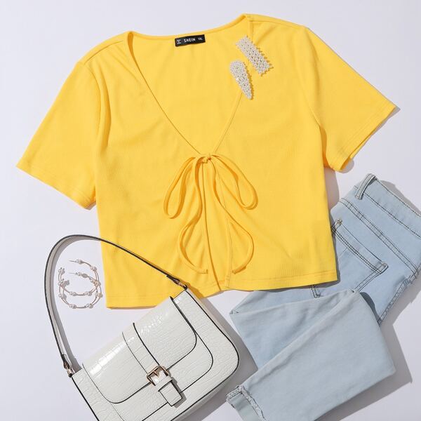 

Plus Tie Front Rib-knit Crop Top, Yellow bright