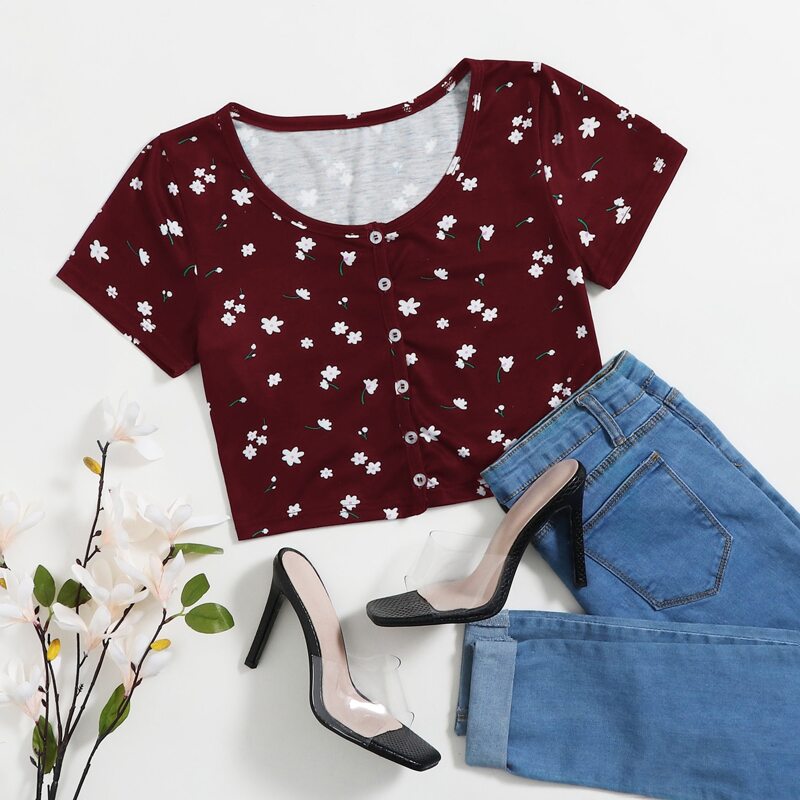 

Ditsy Floral Button Front Tee, Burgundy