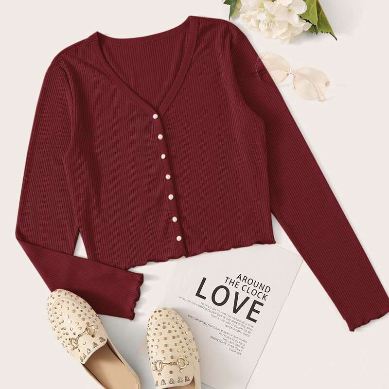 

Button Front Lettuce Trim Tee, Burgundy