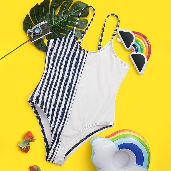 

Girls Striped One Piece Swimsuit, Black and white
