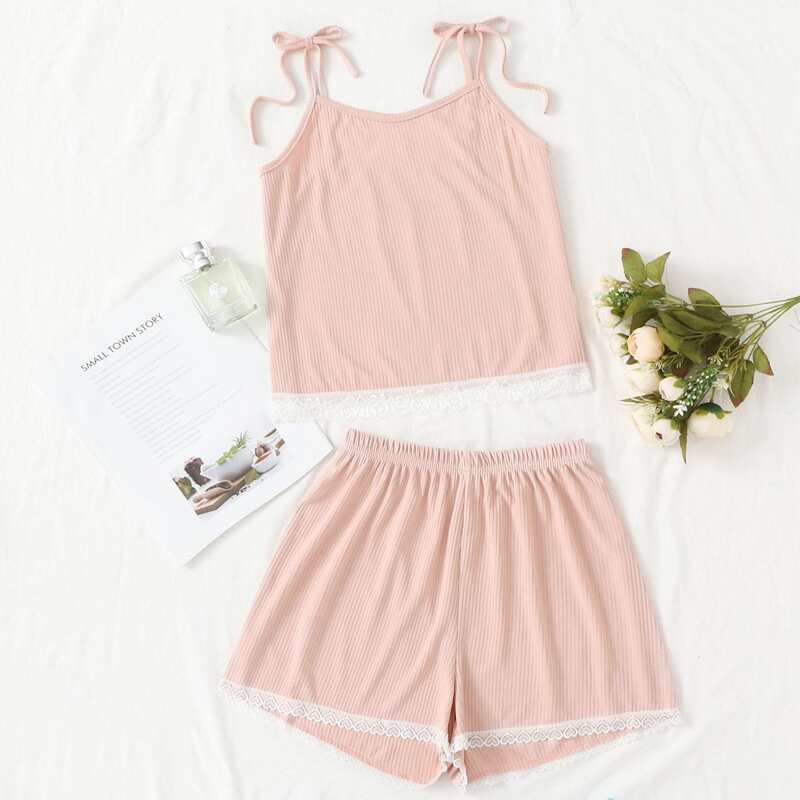 

Tie Shoulder Lace Trim Shorts PJ Set, Pastel baby pink