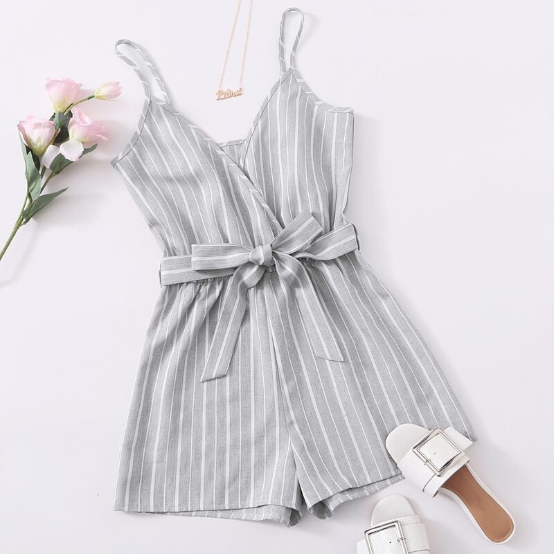 

Striped Belted Cami Romper, Light grey
