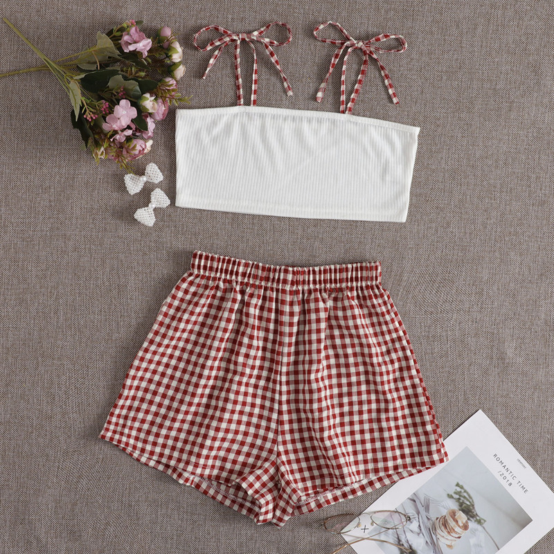 

Tie Strap Top & Gingham Shorts PJ Set, Red and white