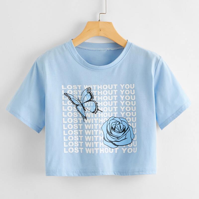 

Slogan Graphic Crop Tee, Baby blue