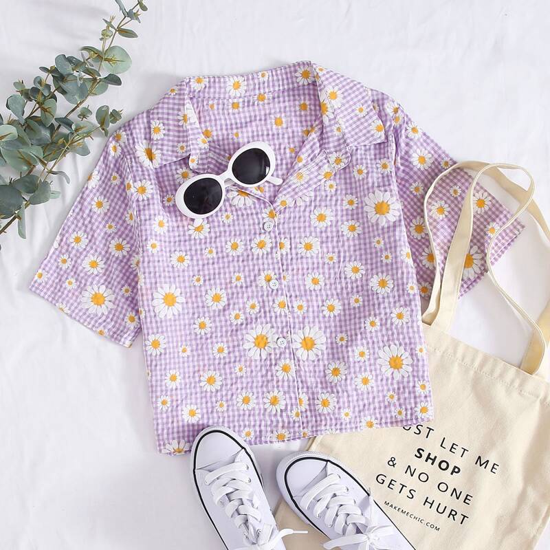 

Gingham Print Button Up Floral Blouse, Multicolor