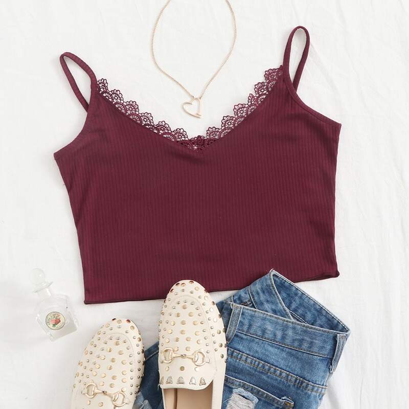 

Solid Lace Trim Cami, Maroon