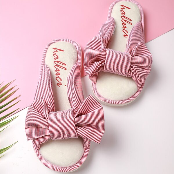 

Bow Decor Striped Graphic Slippers, Red and white