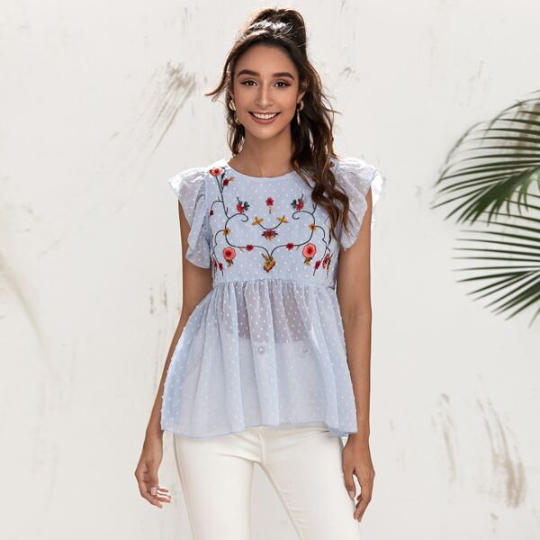

Ruffle Armhole Flower Embroidered Smock Top, Baby blue