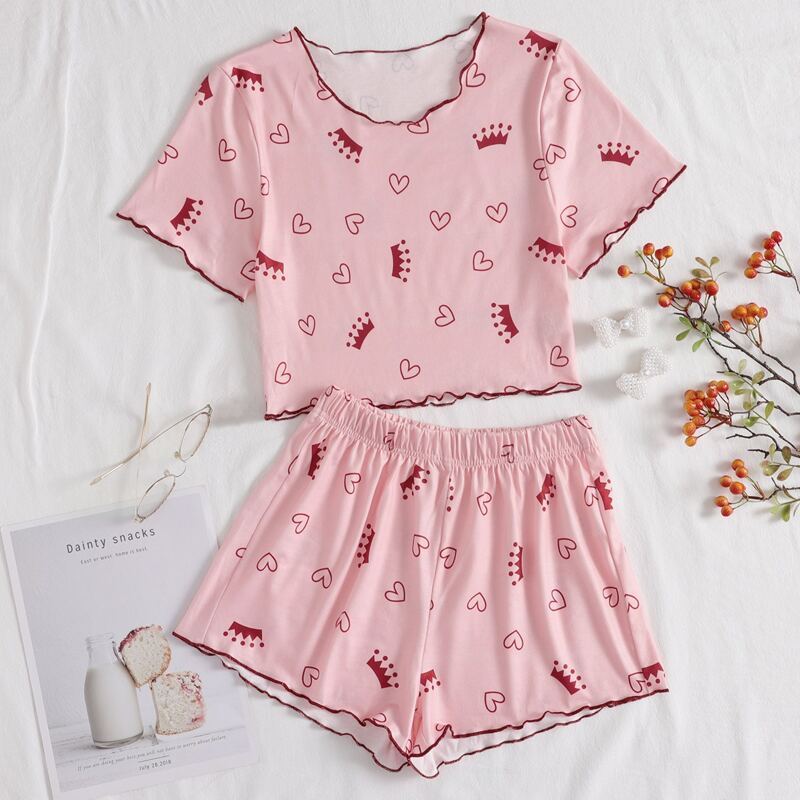 

Heart & Crown Lettuce Trim Shorts PJ Set, Baby pink
