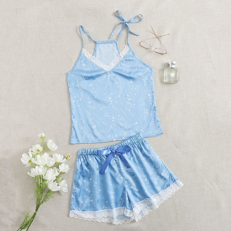 

Lace Trim Galaxy Satin Cami & Shorts, Baby blue