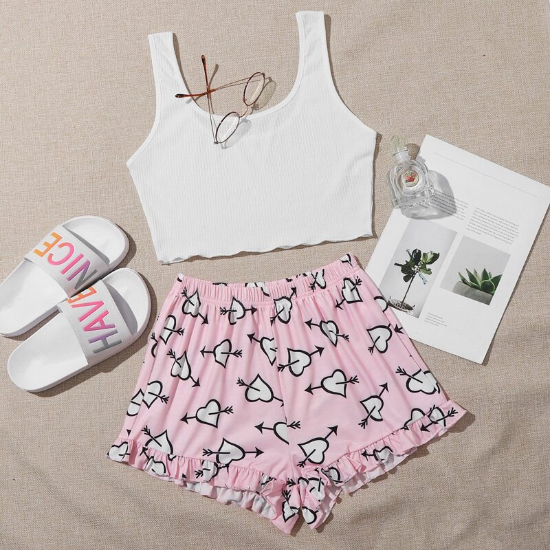 

Heart Print Frill Shorts PJ Set, Multicolor