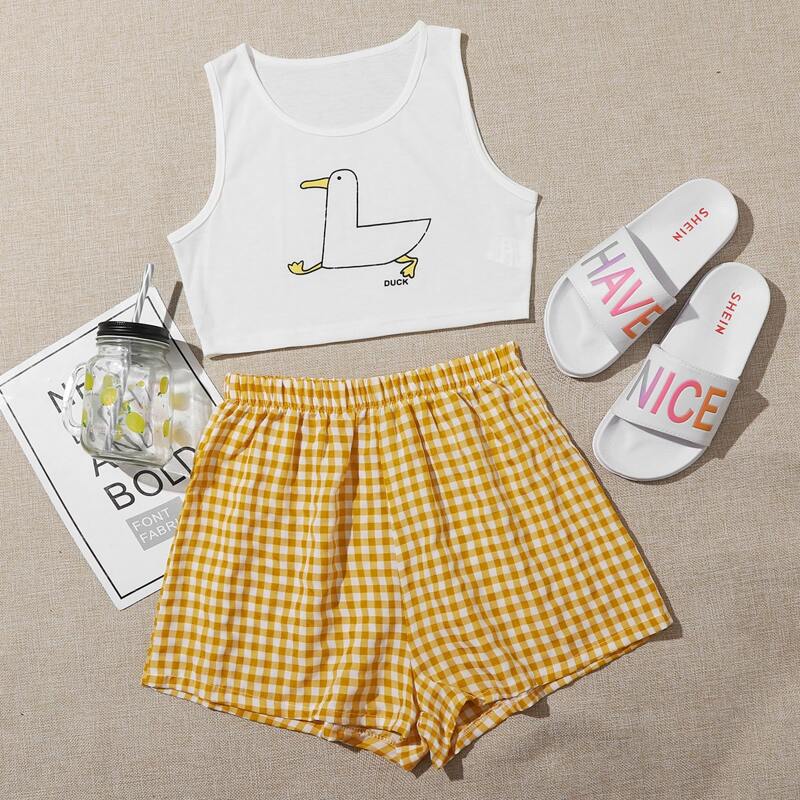 

Cartoon Duck & Gingham Shorts PJ Set, Multicolor