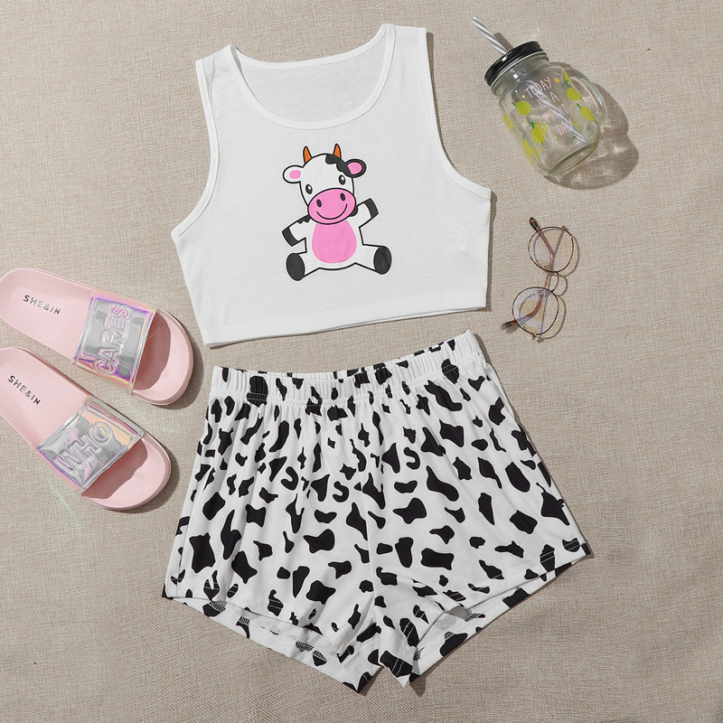 

Cartoon Cow Print Tank & Shorts PJ Set, Black and white
