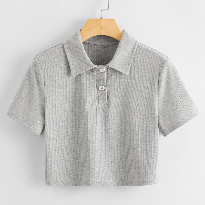 

Solid Crop Polo Tee, Light grey