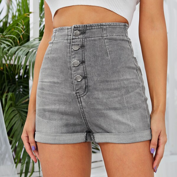

High Waist Button Front Denim Shorts, Grey