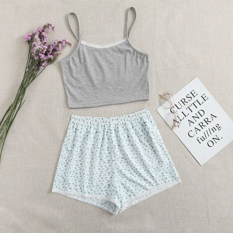

Graphic Lace Trim Cami PJ Set, Multicolor