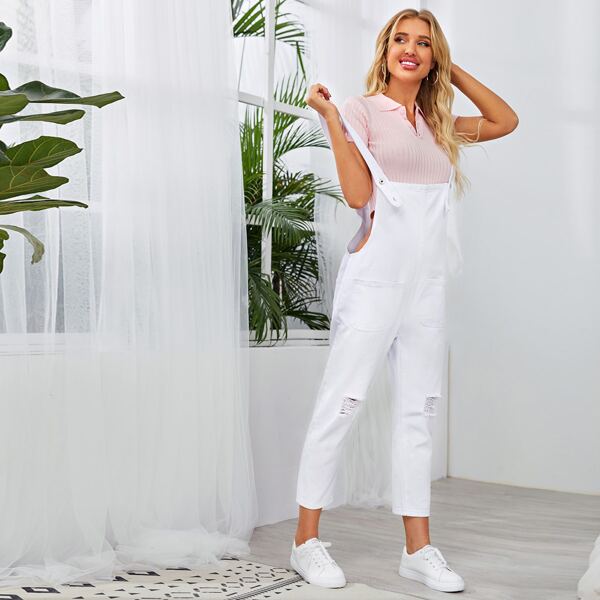 

Ripped Dual Pocket Denim Overalls, White