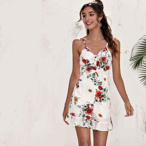 

Drawstring Knot Floral Cami Romper, White