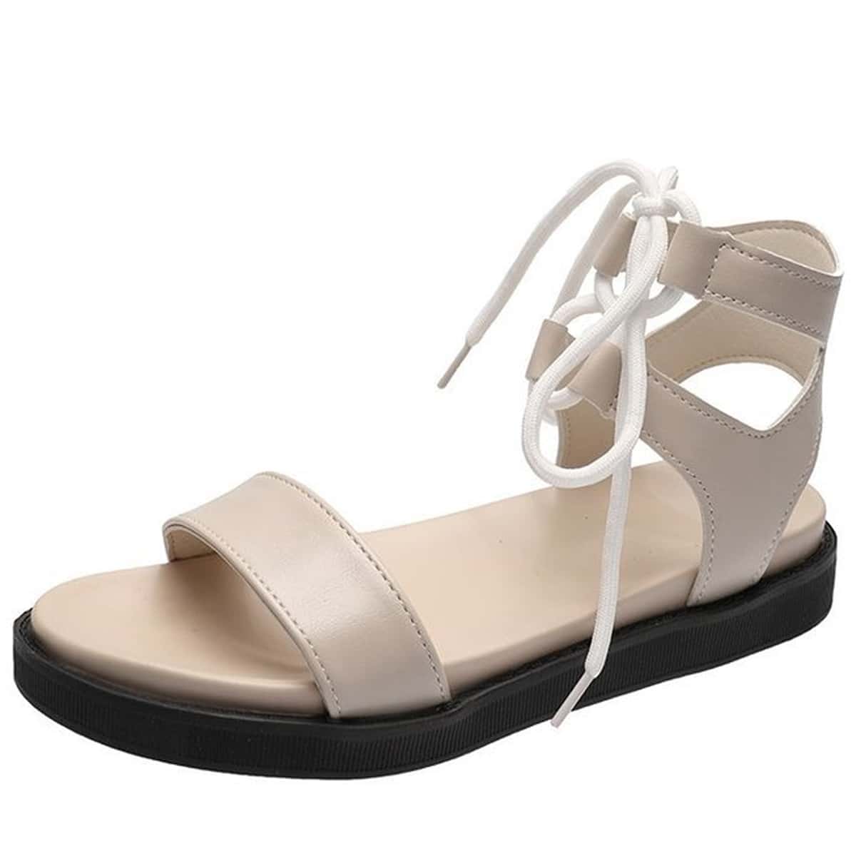 

Lace-up Front Flat Sandals, Beige pastel