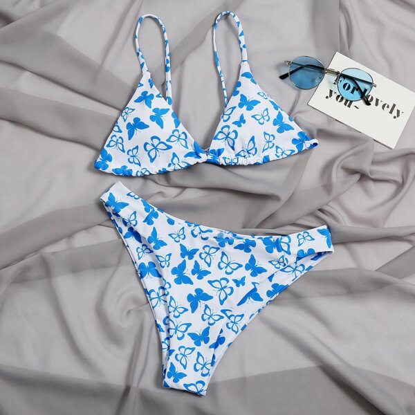 

Butterfly Print Triangle Bikini Swimsuit, Blue and white