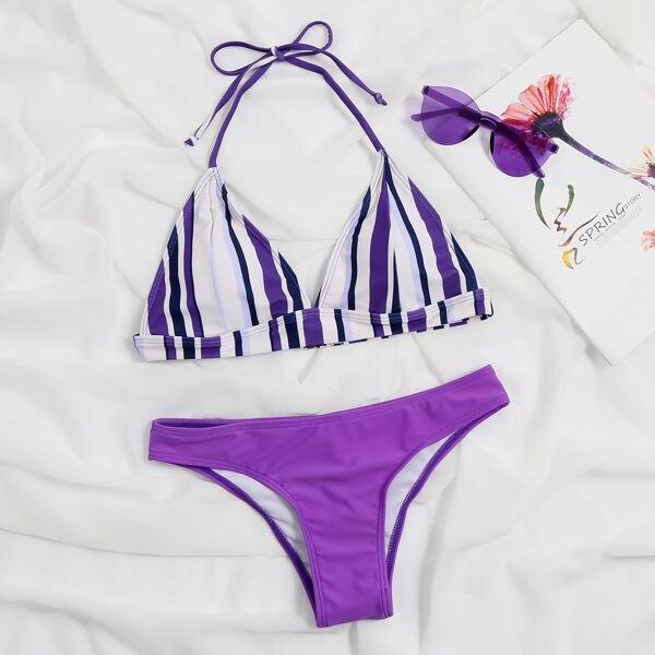

Striped Triangle Bikini Swimsuit, Violet purple