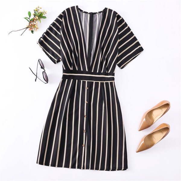 

Plus Plunging Neck Striped Dress, Black