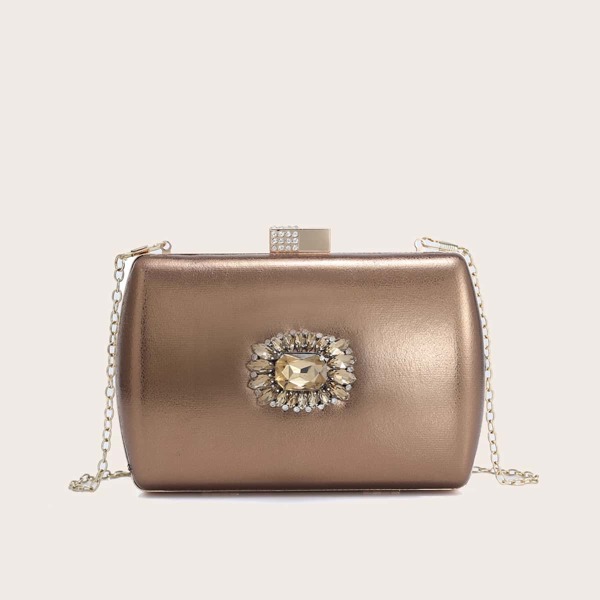 

Gemstone Decor Clip Top Box Bag, Brown