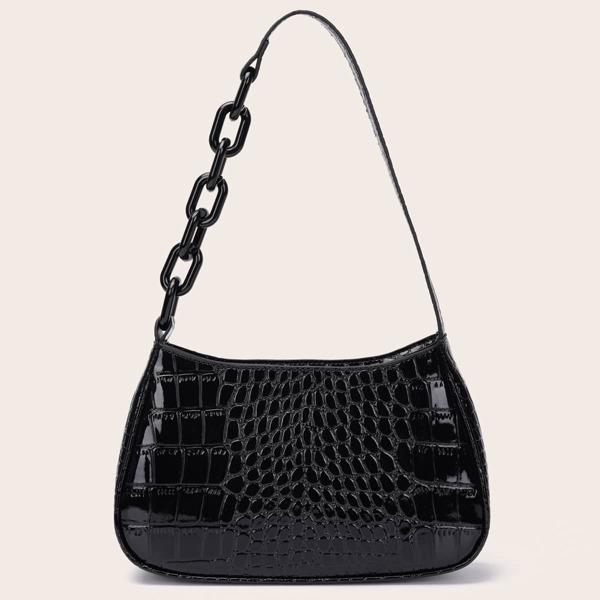 

Croc Embossed Baguette Bag, Black