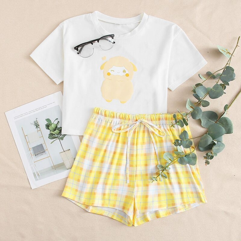 

Cartoon Sheep Tee & Gingham Shorts PJ Set, Multicolor