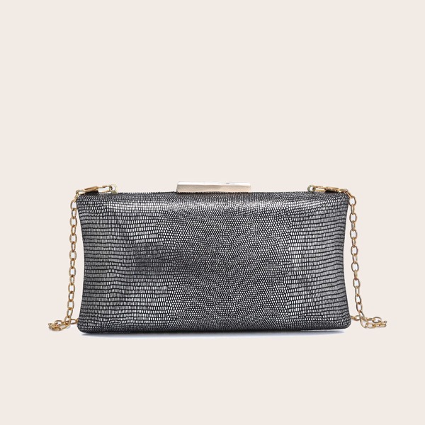 

Metallic Clip Top Chain Box Bag, Silver