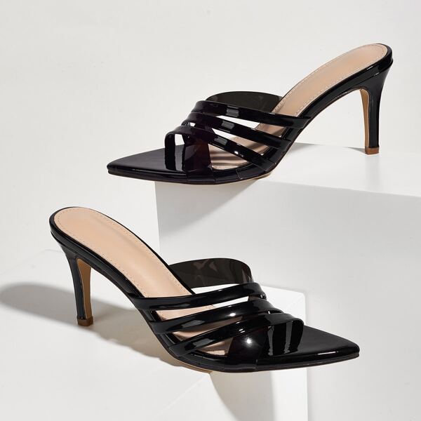 

Cross Strap Patent Stiletto Heeled Sandal Mules, Black